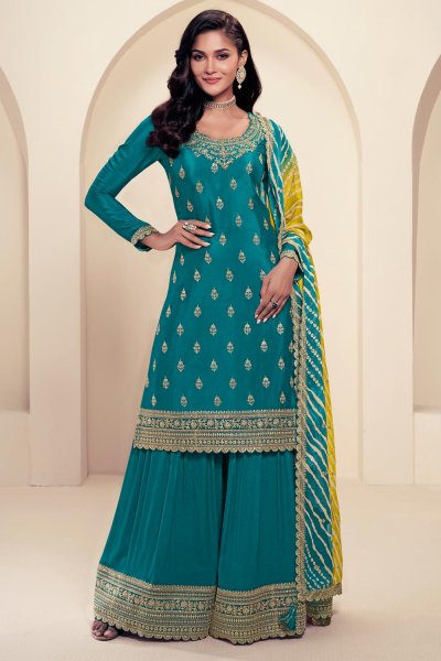 Teal Chinon Silk Embroidered Sharara Kurta Set