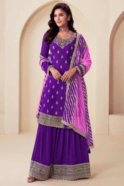 Purple Chinon Silk Embroidered Sharara Kurta Set