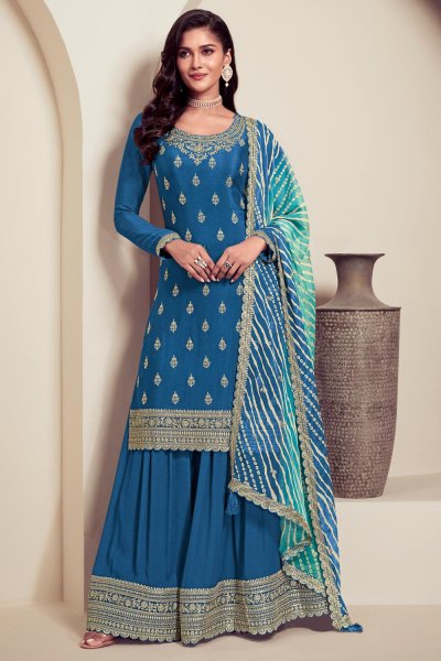 Prussian Blue Chinon Silk Embroidered Sharara Kurta Set