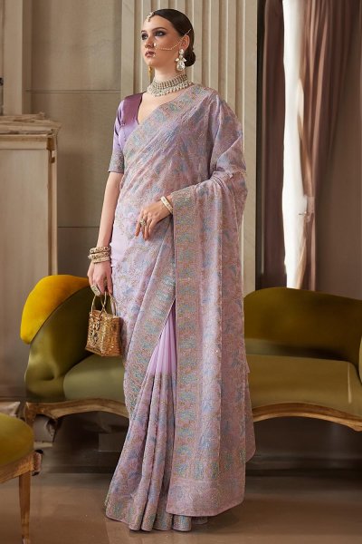 Lilac Tissue Silk Embroidered Saree