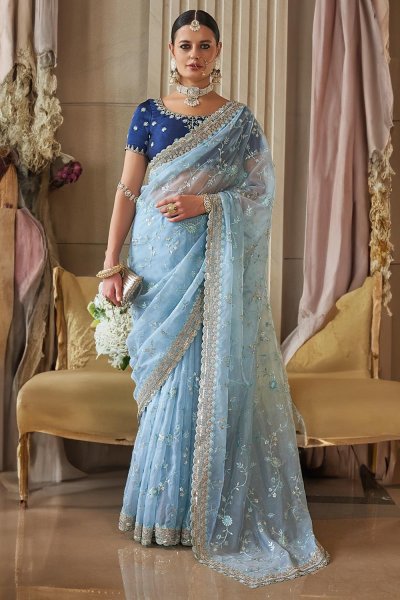 Soft Blue Tissue Silk Embroidered Saree