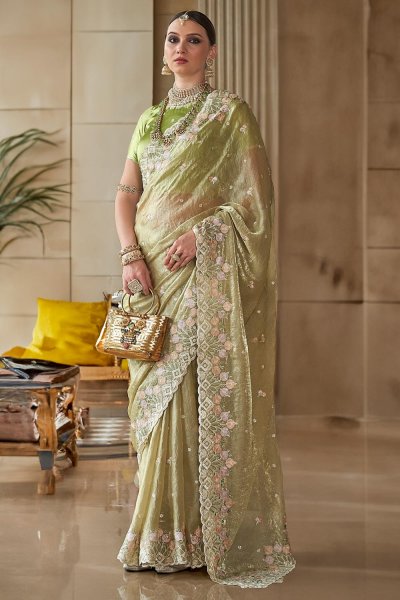 Lemon Green Tissue Silk Embroidered Saree