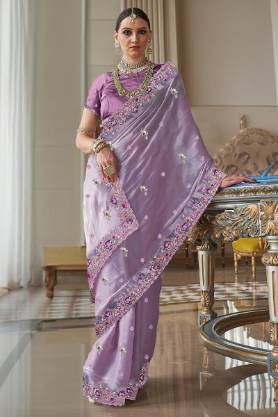 Purple Tissue Silk Embroidered Saree