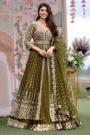 Olive Green Chinon Silk Embroidered Anarkali Dress With Skirt & Belt