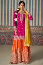 Magenta & Orange Chinon Silk Hand Embroidered Sharara Set With Yellow Dupatta