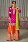 Magenta & Orange Chinon Silk Hand Embroidered Sharara Set With Green Dupatta