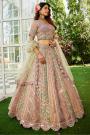 Peach Pink & Green Net Embroidered Lehenga Set