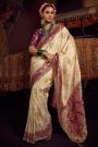 Ivory Silk Zari Woven & Hand Embroidered Saree