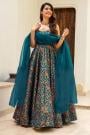 Prussian Blue Printed Silk Anarkali Dress With Organza Silk Dupatta