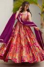 Magenta & Multicolor Printed Silk Anarkali Dress With Organza Silk Dupatta