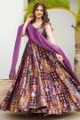 Violet & Multicolor Printed Silk Anarkali Dress With Organza Silk Dupatta