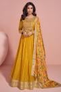 Mustard Chinon Silk Anarkali Dress With Printed & Embroidered Chinon Silk Dupatta