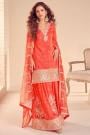 Coral Orange Silk Embroidered Sharara Kurta Set