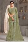 Pastel Olive Green Chiffon Embroidered Saree