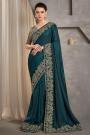 Dark Prussian Silk Embroidered Saree