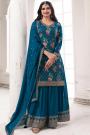 Prussian Blue Chinon Silk Printed & Embroidered Sharara Kurta Set