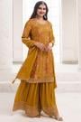 Mustard Chinon Silk Printed & Embroidered Sharara Kurta Set