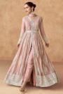 Stunning Peach Pink Georgette Embroidered Front Slit Anarkali Dress With Belt