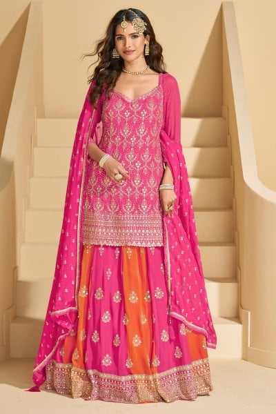 Pink & Orange Georgette Hand Embroidered Kurti Lehenga Set