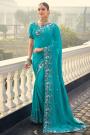 Turquoise Crepe Zari Woven & Embroidered Saree