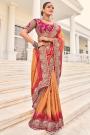 Dark Peach & Red Crepe Zari Woven & Embroidered Saree