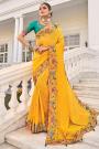 Yellow Crepe Embroidered Saree With 3D Motifs