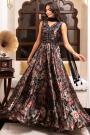 Black Multicolored Organza Silk Printed & Embroidered Anarkali Dress With Net Dupatta & Belt