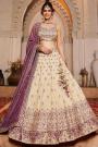 Ivory Tissue Silk Embroidered Lehenga Set With Plum Tissue Silk Dupatta