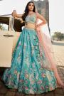 Turquoise Blue Satin Silk Embroidered Lehenga Set