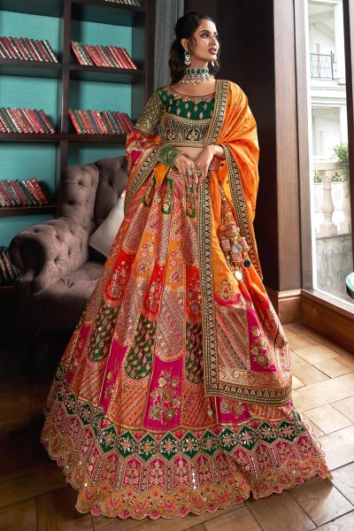 Multicolor Banarasi Silk Embroidered Lehenga Set