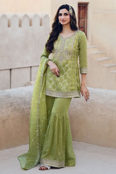 Kiwi Green Zari Silk Embroidered Sharara Kurta Set