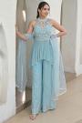 Pastel Blue Georgette Embroidered Indowestern Top & Palazzo Set With Dupatta