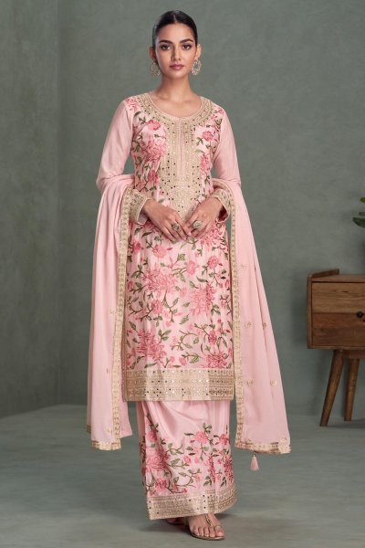 Blush Pink Chinon Silk Embroidered Kurta Set