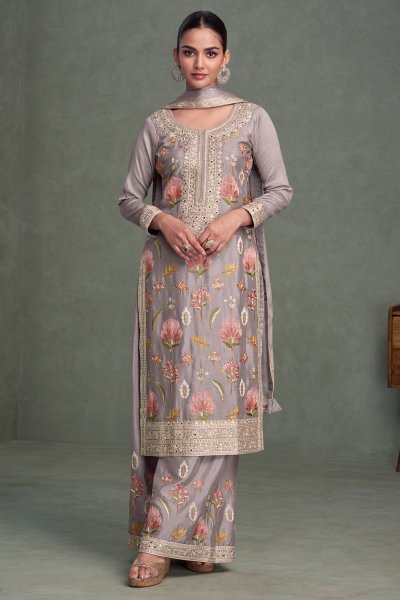 Grey Chinon Silk Embroidered Kurta Set