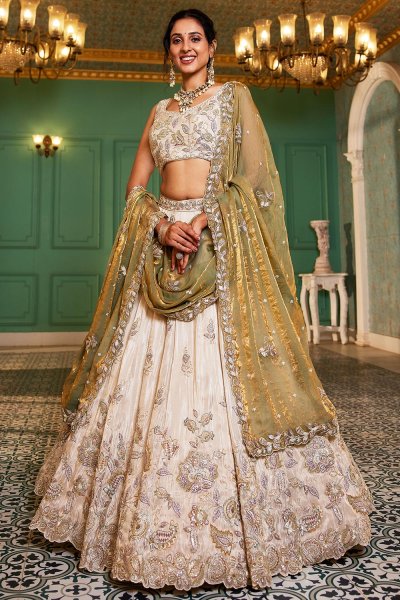 Ivory Tissue Silk Embroidered Lehenga Set With Olive Green Dupatta