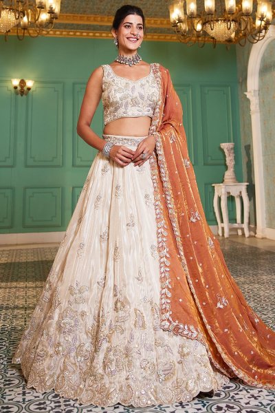 Ivory Tissue Silk Embroidered Lehenga Set With Sunset Orange Dupatta