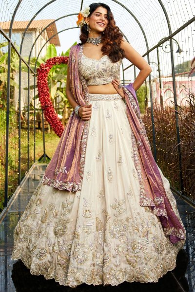 Ivory Tissue Silk Embroidered Lehenga Set With Plum Dupatta