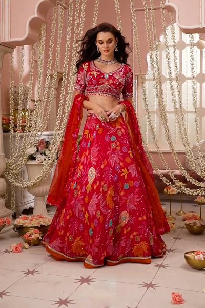 Red Pink  Multi Floral Printed & Embroidered Organza Silk Indowestern Lehenga Set