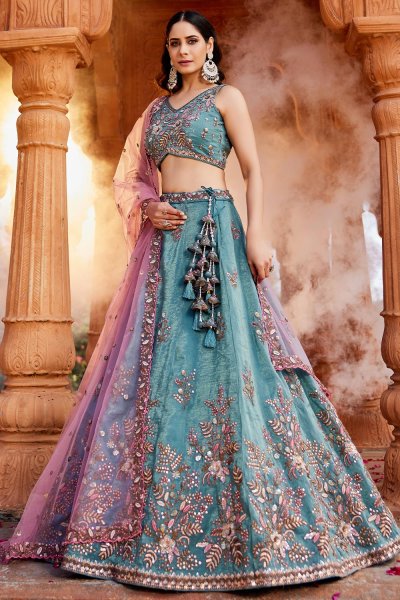 Blue Tissue Silk Embroidered Lehenga Set