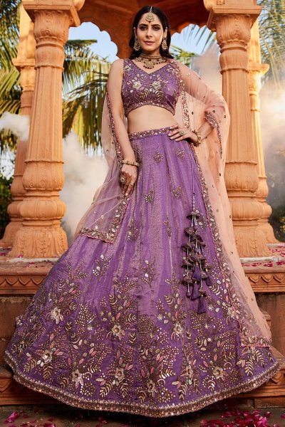 Purple Tissue Silk Embroidered Lehenga Set