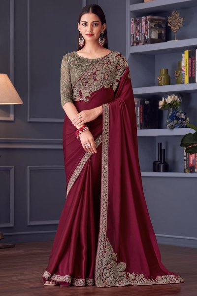 Maroon Satin Silk Embroidered Saree