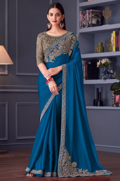 Royal Blue Satin Silk Embroidered Saree