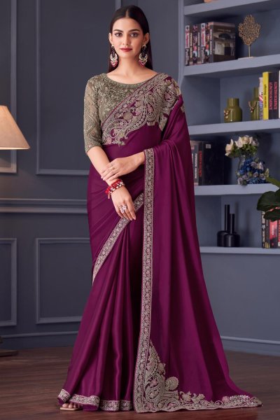 Wine Satin Silk Embroidered Saree