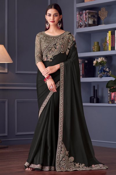 Black Satin Silk Embroidered Saree