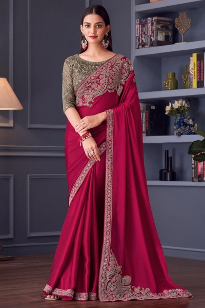 Red Pink Satin Silk Embroidered Saree