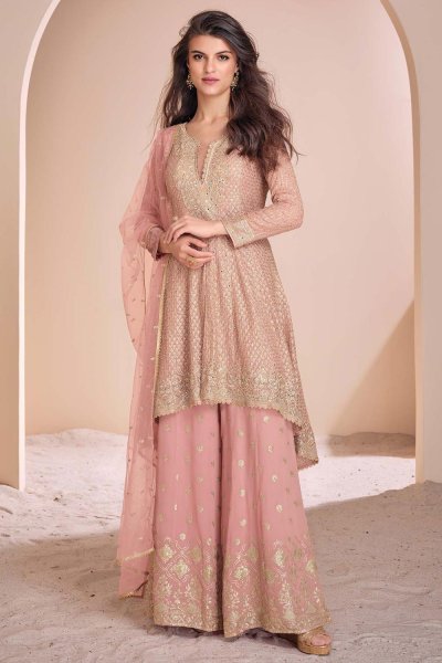 Pretty Peach Pink Georgette Embroidered Kurta Set