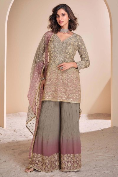 Peach Georgette Embroidered Kurta Set