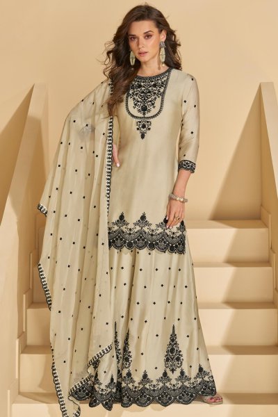 Vanilla Chinon Silk Embroidered Sharara Kurta Set