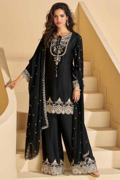 Black Chinon Silk Embroidered Sharara Kurta Set