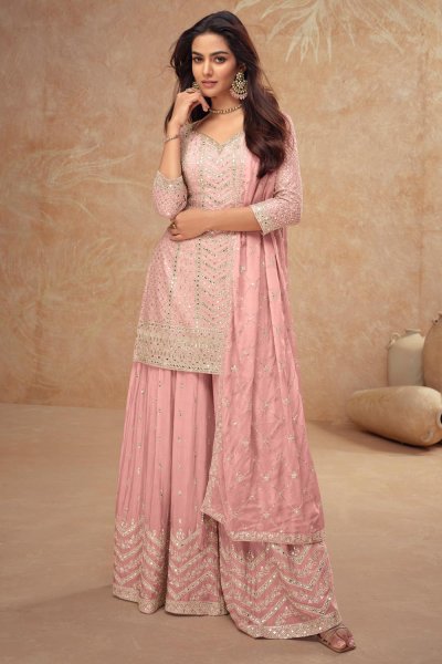 Pastel Baby Pink Chinon Silk Embroidered Sharara Kurta Set